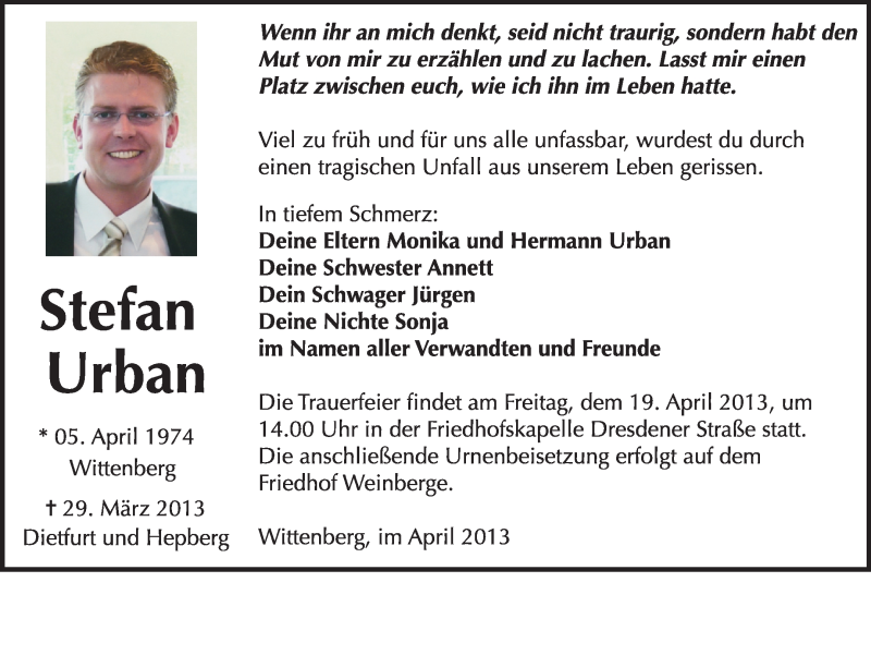  Traueranzeige für Stefan Urban vom 14.04.2013 aus WVG - Wochenspiegel Wittenberg