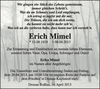 Traueranzeige von Erich Mimel von Super Sonntag Dessau / Köthen