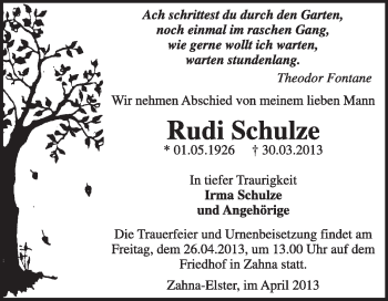 Traueranzeige von Rudi Schulze von Super Sonntag Wittenberg