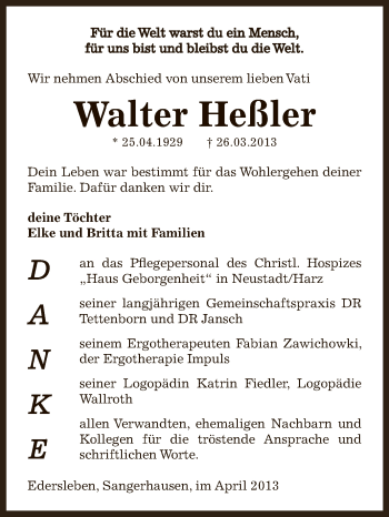 Traueranzeige von Walter Heßler von Super Sonntag SGH Mansf. Land