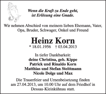 Traueranzeige von Heinz Korn von Super Sonntag Dessau / Köthen