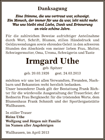 Traueranzeige von Irmgard Uthe von Super Sonntag SGH Mansf. Land