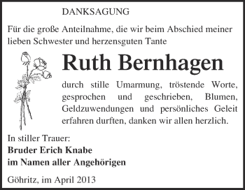 Traueranzeige von Ruth Bernhagen von WVG - Wochenspiegel Merseburg