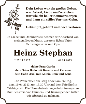Traueranzeige von Heinz Stephan von WVG - Wochenspiegel Bitterfeld
