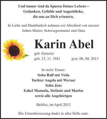 Traueranzeige von Karin Abel von Super Sonntag Merseburg