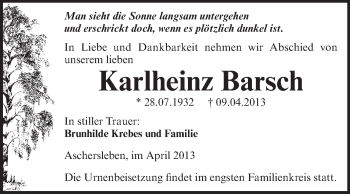Traueranzeige von Karlheinz Barsch von Super Sonntag Aschersleben