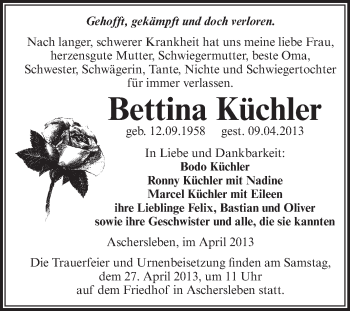 Traueranzeige von Bettina Küchler von Super Sonntag Aschersleben