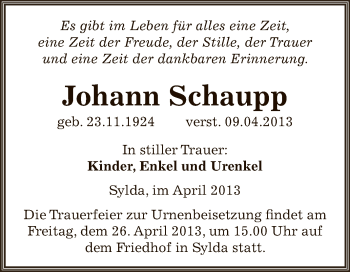 Traueranzeige von Johann Schaupp von Wochenspiegel Mansfelder Land