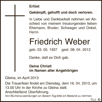 Traueranzeige von Friedrich Weber von Super Sonntag Zeitz
