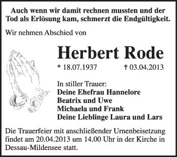 Traueranzeige von Herbert Rode von Super Sonntag Dessau / Köthen