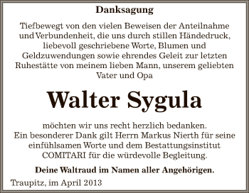 Traueranzeige von Walter Sygula von Super Sonntag Zeitz