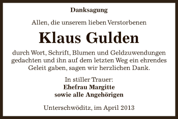 Traueranzeige von Klaus Gulden von Super Sonntag Zeitz