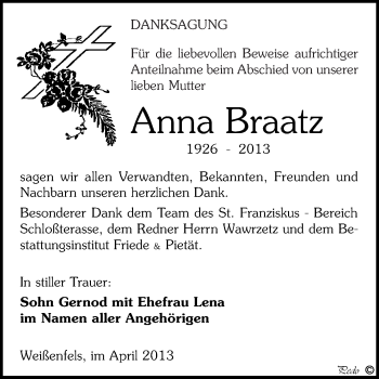 Traueranzeige von Anna Braatz von WVG - Wochenspiegel NMB / WSF / ZTZ