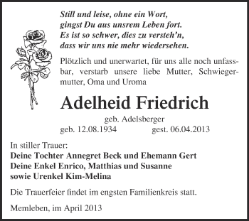 Traueranzeige von Adelheid Friedrich von WVG - Wochenspiegel NMB / WSF / ZTZ