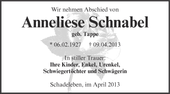 Traueranzeige von Anneliese Schnabel von Super Sonntag Aschersleben