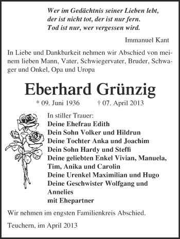 Traueranzeige von Eberhard Grünzig von WVG - Wochenspiegel NMB / WSF / ZTZ
