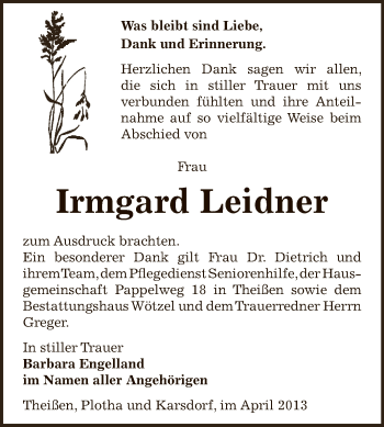 Traueranzeige von Irmgard Leidner von Super Sonntag Zeitz