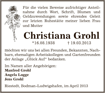 Traueranzeige von Christiana Grohl von Super Sonntag SGH Mansf. Land