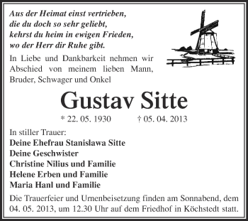 Traueranzeige von Gustav Sitte von WVG - Wochenspiegel Halle