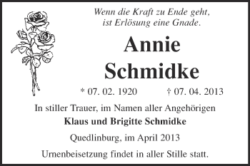Traueranzeige von Annie Schmidke von WVG - Wochenspiegel Quedlinburg