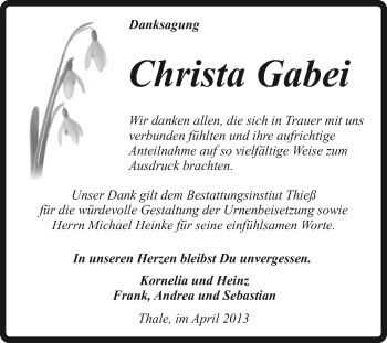 Traueranzeige von Christa Gabei von WVG - Wochenspiegel Quedlinburg
