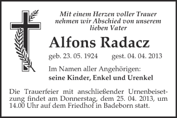 Traueranzeige von Alfons Radacz von WVG - Wochenspiegel Quedlinburg