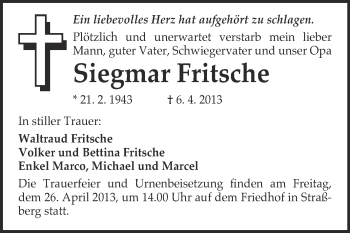 Traueranzeige von Siegmar Fritsche von WVG - Wochenspiegel Quedlinburg