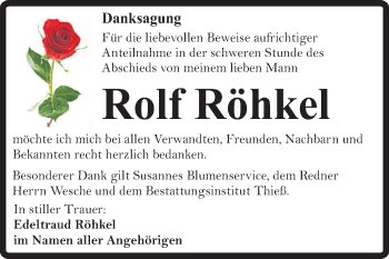 Traueranzeige von Rolf Röhkel von WVG - Wochenspiegel Quedlinburg