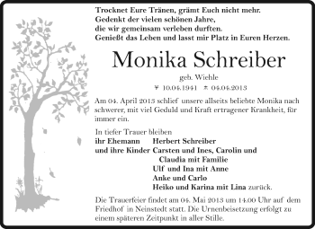 Traueranzeige von Monika Schreiber von WVG - Wochenspiegel Quedlinburg