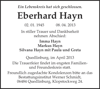 Traueranzeige von Eberhard Hayn von WVG - Wochenspiegel Quedlinburg