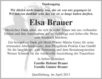 Traueranzeige von Elsa Brauer von WVG - Wochenspiegel Quedlinburg