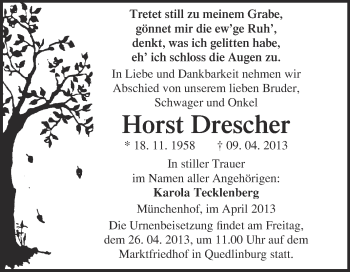 Traueranzeige von Horst Drescher von WVG - Wochenspiegel Quedlinburg