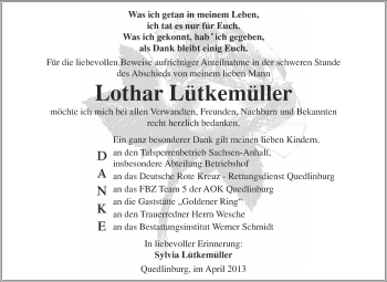 Traueranzeige von Lothar Lütkemüller von WVG - Wochenspiegel Quedlinburg