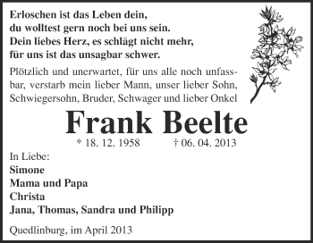 Traueranzeige von Frank Beelte von WVG - Wochenspiegel Quedlinburg