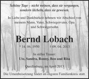 Traueranzeige von Bernd Lobach von WVG - Wochenspiegel Quedlinburg