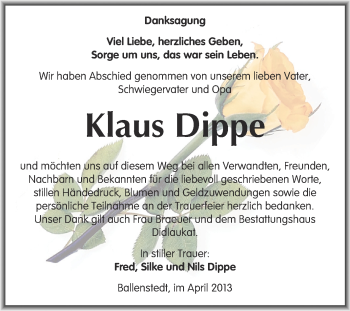 Traueranzeige von Klaus Dippe von WVG - Wochenspiegel Quedlinburg