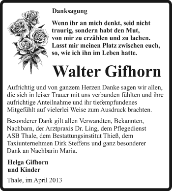 Traueranzeige von Walter Gifhorn von WVG - Wochenspiegel Quedlinburg