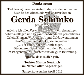 Traueranzeige von Gerda Schimko von Super Sonntag SGH Mansf. Land