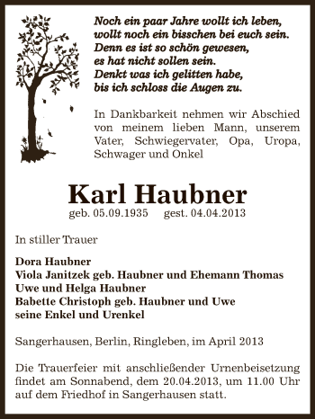 Traueranzeige von Karl Haubner von Super Sonntag SGH Mansf. Land