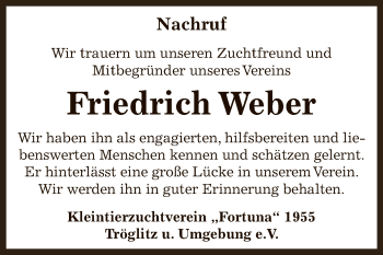 Traueranzeige von Friedrich Weber von Super Sonntag Zeitz