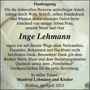 Traueranzeige von Inge Lehmann von Super Sonntag Dessau / Köthen