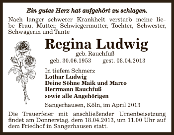 Traueranzeige von Regina Ludwig von WVG - Wochenspiegel SGH