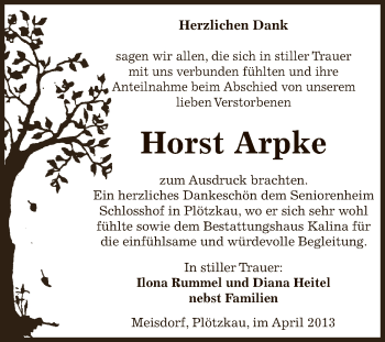 Traueranzeige von Horst Arpke von Super Sonntag SGH Mansf. Land
