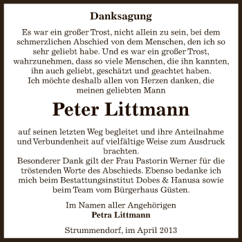 Traueranzeige von Peter Littmann von WVG - Wochenspiegel Bernburg
