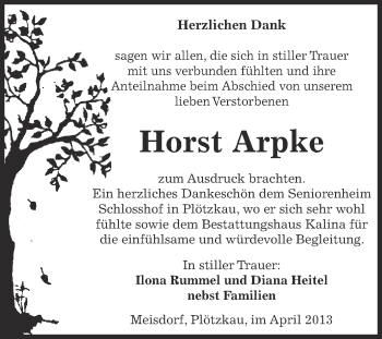 Traueranzeige von Horst Arpke von Super Sonntag SGH Mansf. Land