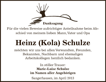 Traueranzeige von Heinz Schulze von Super Sonntag SGH Mansf. Land