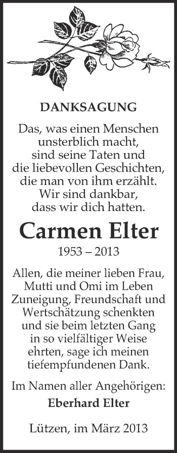 Traueranzeige von Carmen Elter von Super Sonntag Merseburg