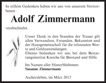 Traueranzeige von Adolf Zimmermann von WVG - Wochenspiegel Aschersleben