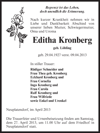Traueranzeige von Editha Kronberg von Super Sonntag Aschersleben