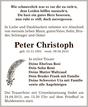 Traueranzeige von Peter Christoph von WVG - Wochenspiegel Bitterfeld